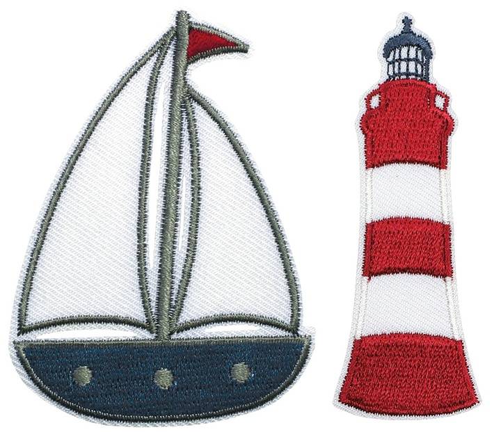 Appliqué Boat & Tower self-adhesive/to iron-on, blue/red