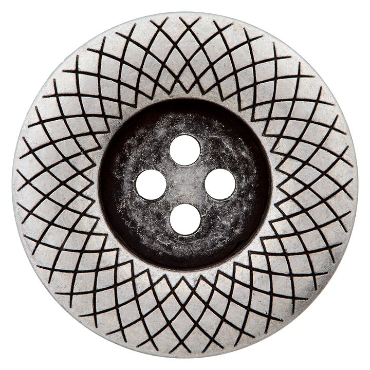 Bouton métal 4-trous, bord à motifs, 28mm, argent vieilli