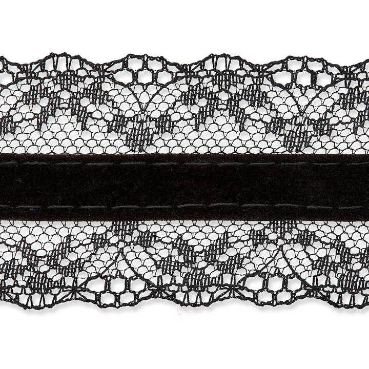 Рашельное кружево, с бархатом, 35 мм, черный цвет