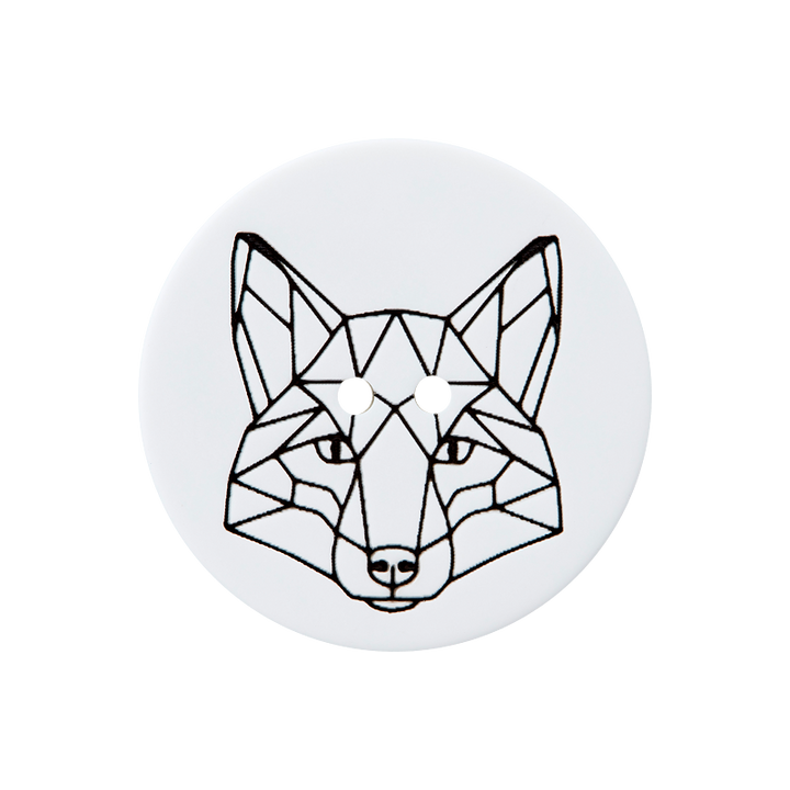 Polyester button 2-holes, geometric fox, 23mm, white/black