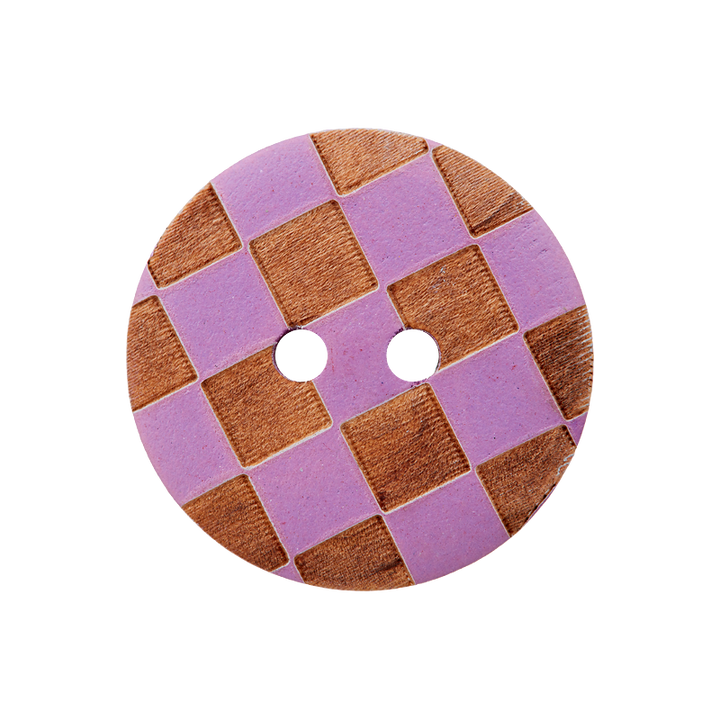 Wood button 2-holes, Checks, 20mm, lilac