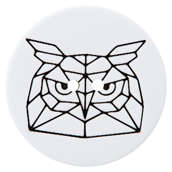 Bouton polyester 2-trous, Hibou géométrique, 28mm, blanc/noir