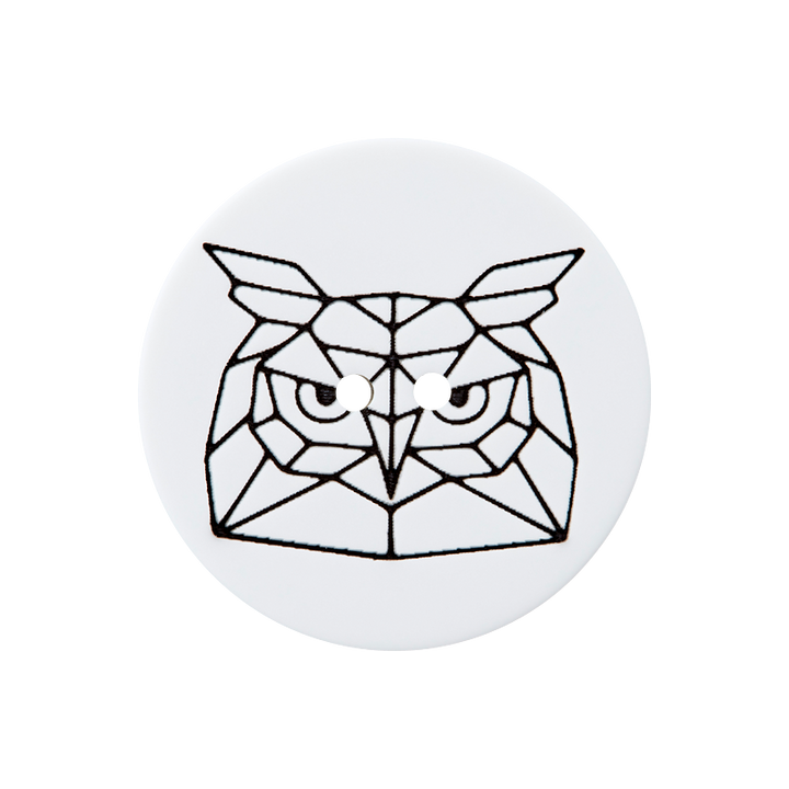 Polyester button 2-holes, geometric owl, 23mm, white/black