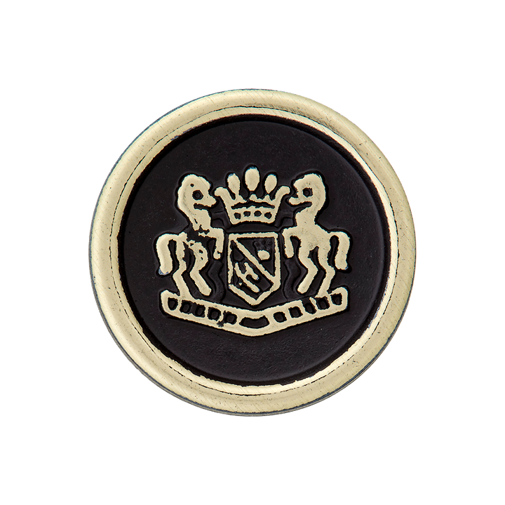 Polyester button shank, metallised, with emblem, 20mm black