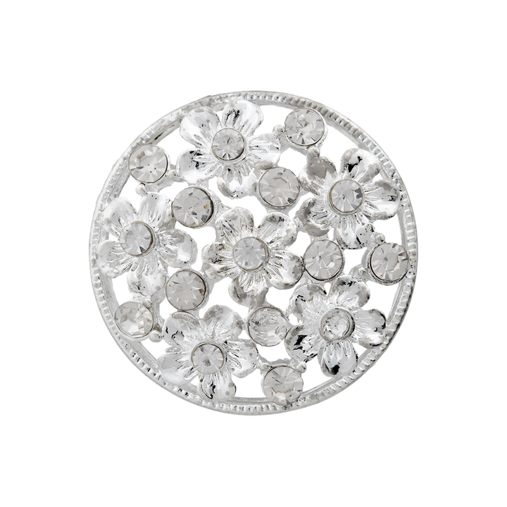 Metal/rhinestone button shank, Flower, 25mm, silver