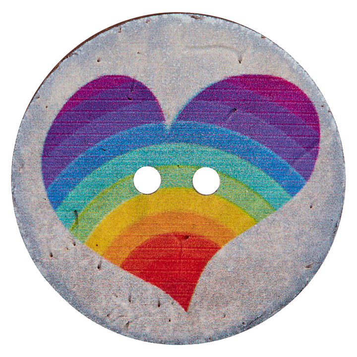 Coconut button 2-holes, Heart, 30mm, multicoloured