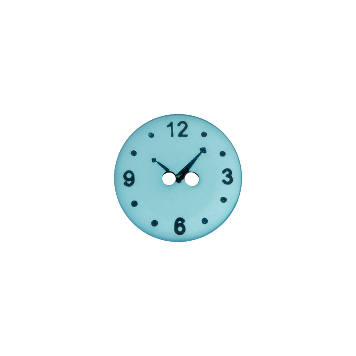 Bouton polyester 2-trous, horloge, 15mm, turquoise foncé