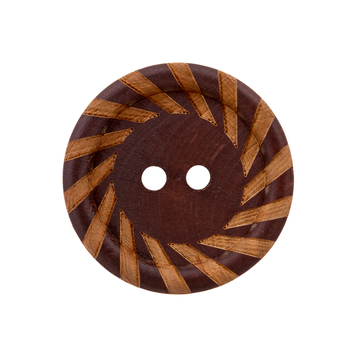 Bouton bois 2-trous, bord à motifs, 23mm, brun foncé
