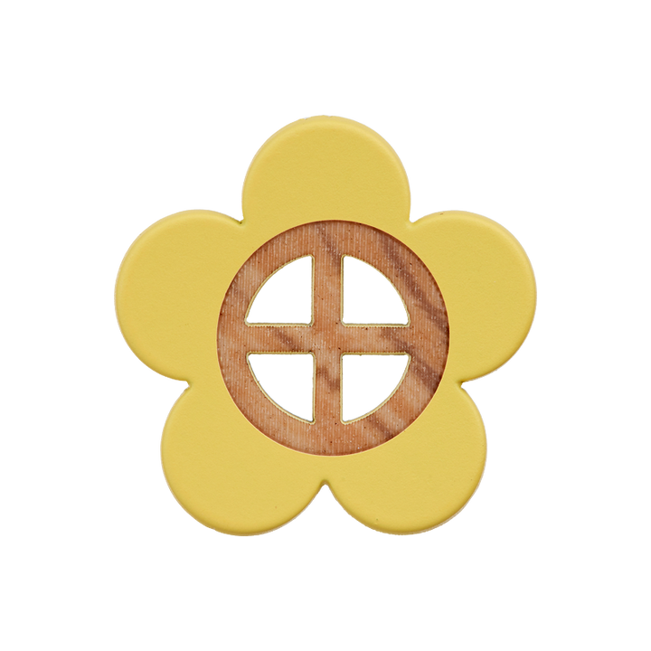 Polyester button 4-holes, Flower, 20mm, yellow