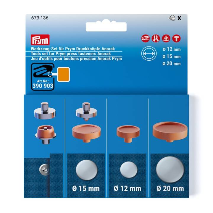Tools set for Prym press fasteners Anorak, 12, 15 and 20 mm