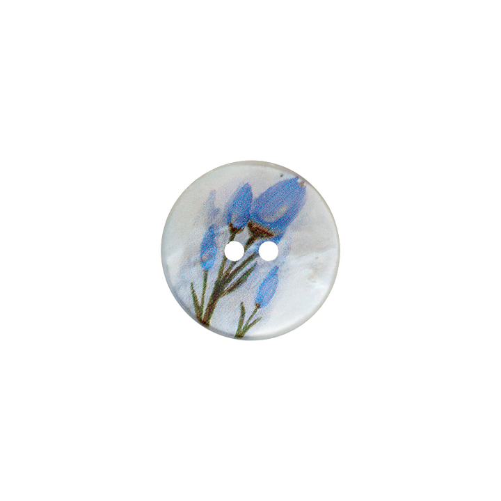 Bouton nacre 2-trous, Fleur, 18mm, bleu