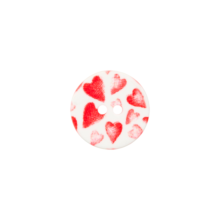 Polyester button 2-holes, Hearts, 18mm, red