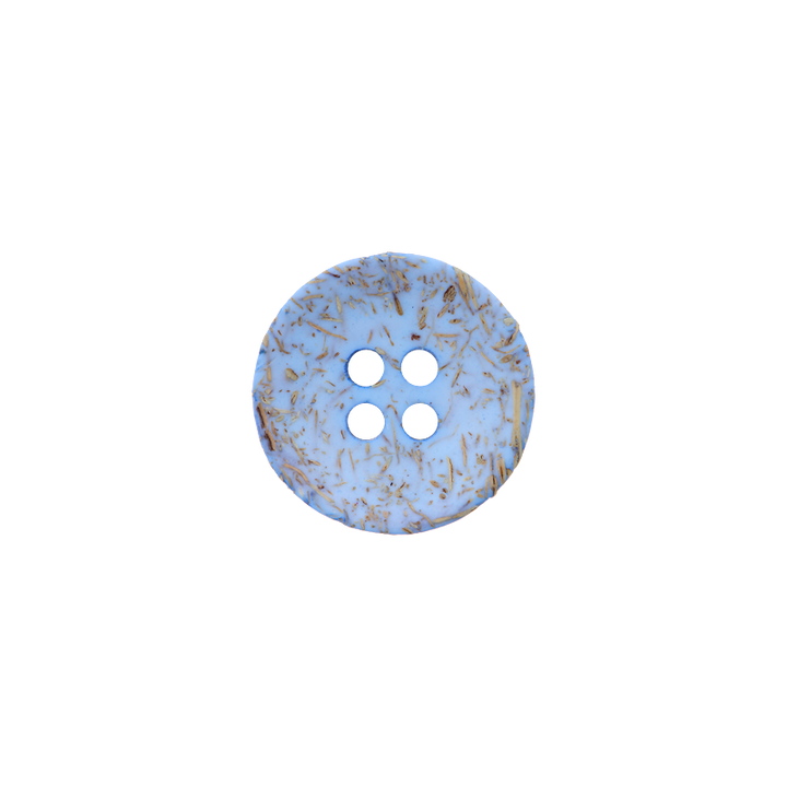 Bouton coco/polyester 4-trous, recyclé, 15mm, bleu clair