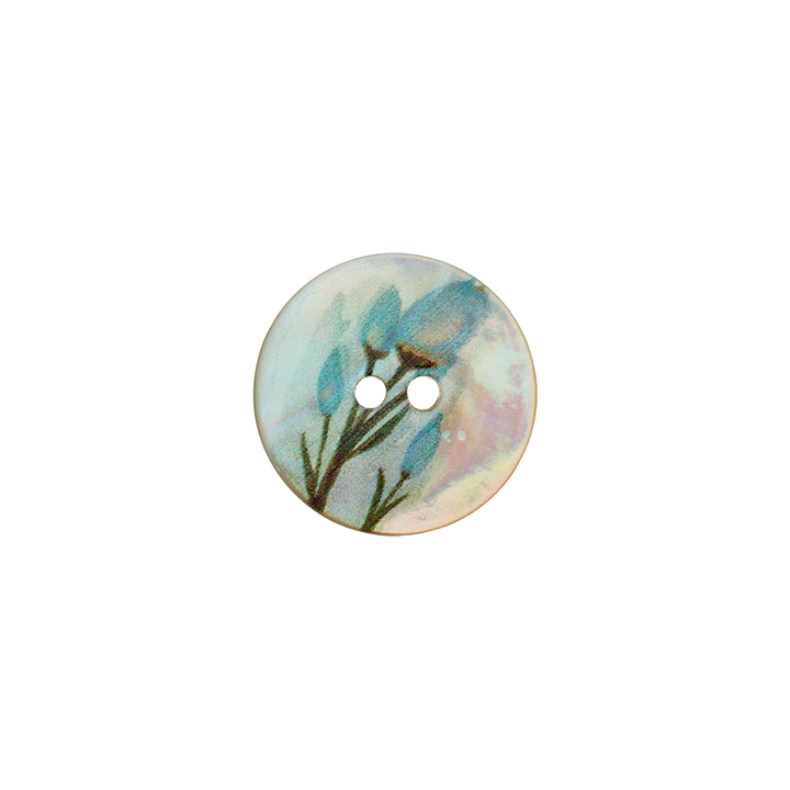 Bouton nacre 2-trous, Fleur, 18mm, turquoise foncé