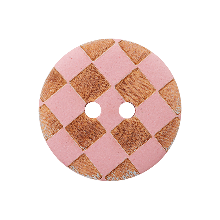 Bouton bois 2-trous, carreaux, 23mm, rose