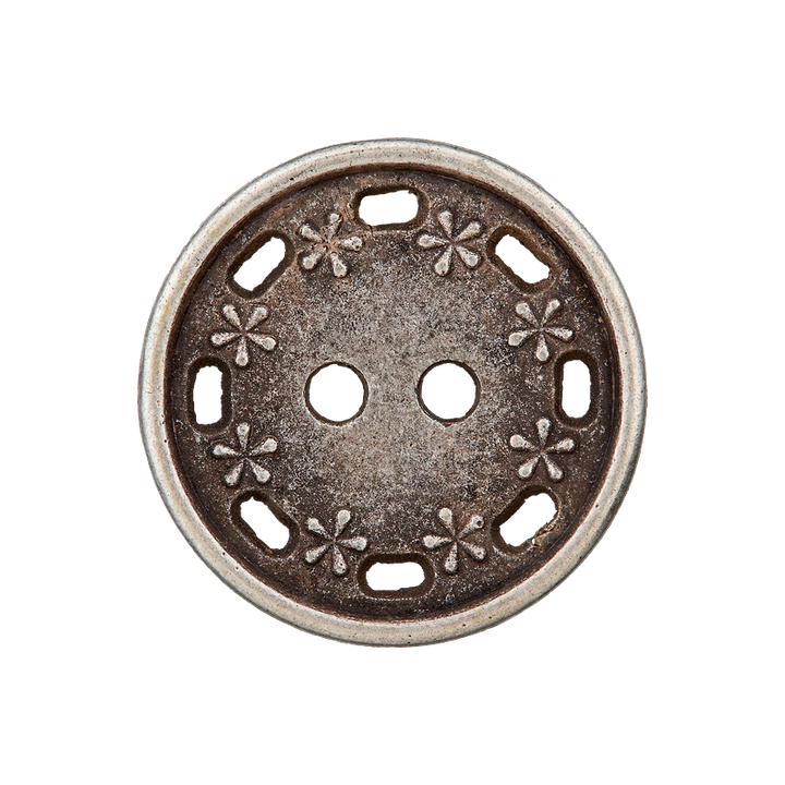 Metallknopf 2-Loch, Blumen, 19mm, altsilber