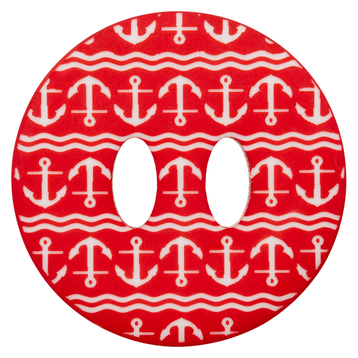 Bouton polyester 2-trous, Maritime,38mm,Ancre,rouge