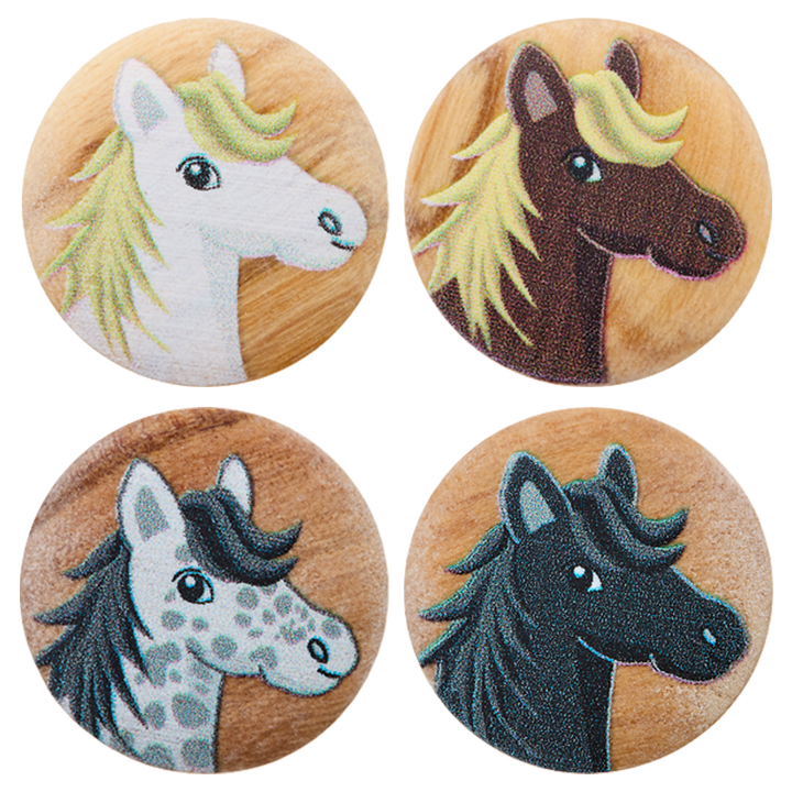 Wood button 2-holes, Horses, 15mm, multicoloured