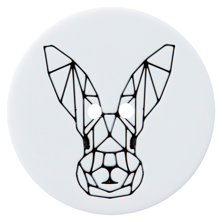 Polyester button 2-holes, geometric rabbit, 28mm, white/black