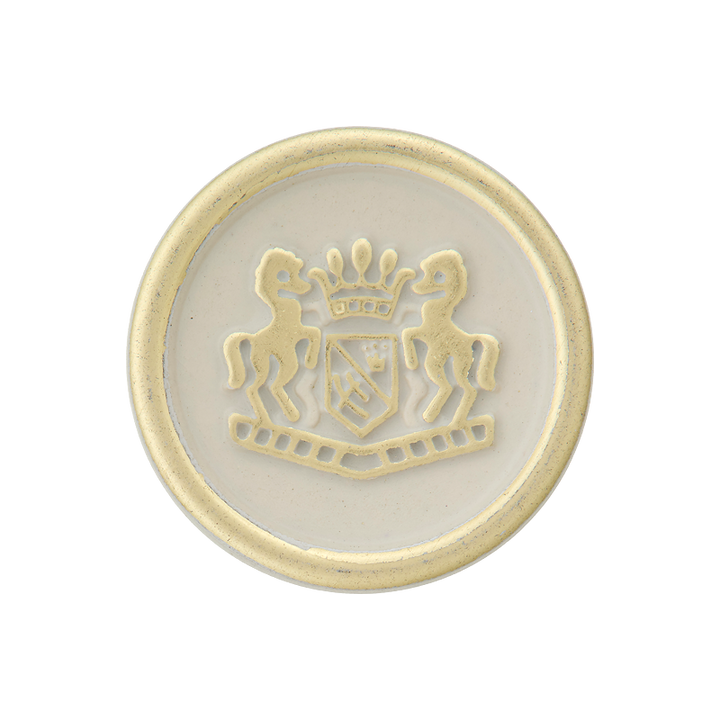 Polyester button shank, metallised, with emblem, 20mm cream