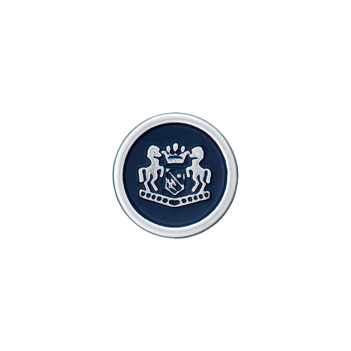 Polyester button shank, metallised, with emblem, 15mm navy