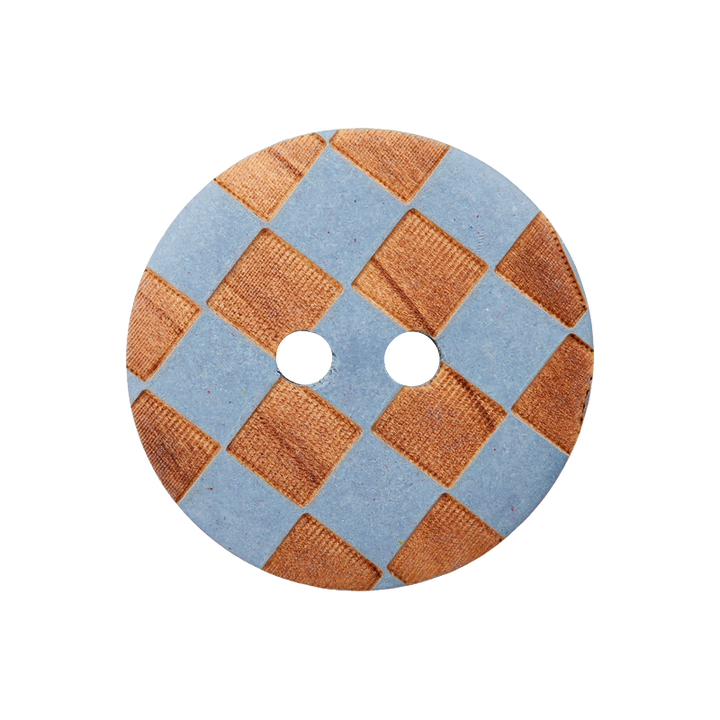 Wood button 2-holes, Checks, 23mm, light blue