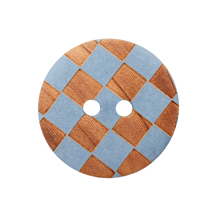 Bouton bois 2-trous, carreaux, 23mm, bleu clair