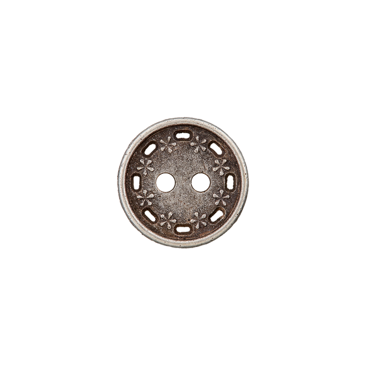 Bouton métal 2-trous, Fleur, 15mm, argent vieilli