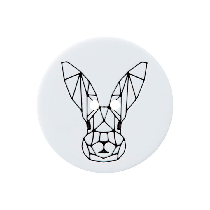 Polyester button 2-holes, geometric rabbit, 23mm, white/black