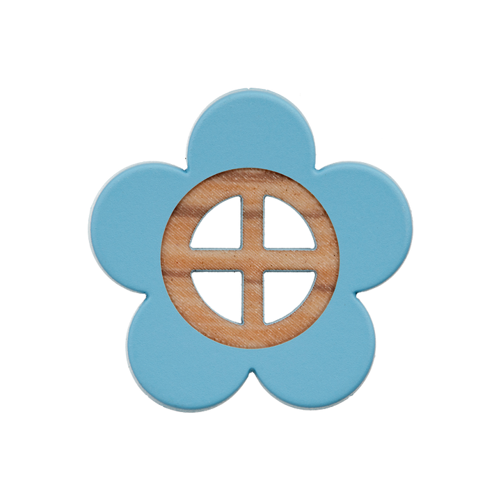 Bouton polyester 4-trous, Fleur, 20mm, bleu clair