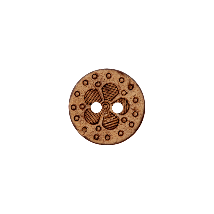 Coconut button 2-holes, Flower, 12mm, light brown