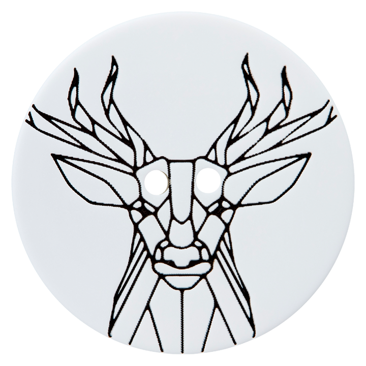 Polyester button 2-holes,  geometric stag, 28mm, white/black