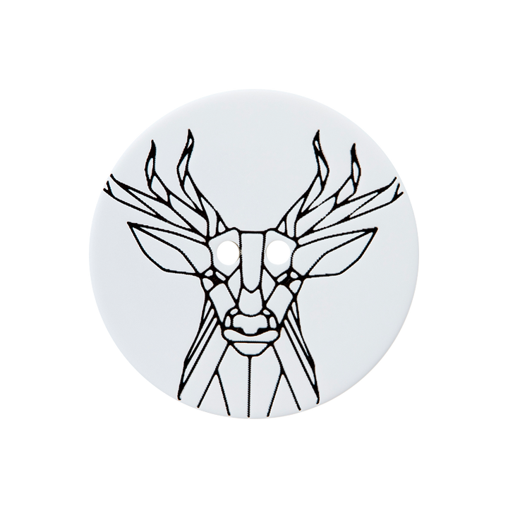 Polyester button 2-holes, geometric stag, 23mm, white/black