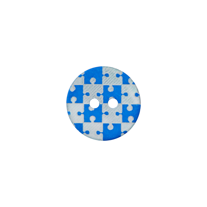 Bouton nacre 2-trous, Puzzle, 15mm, bleu