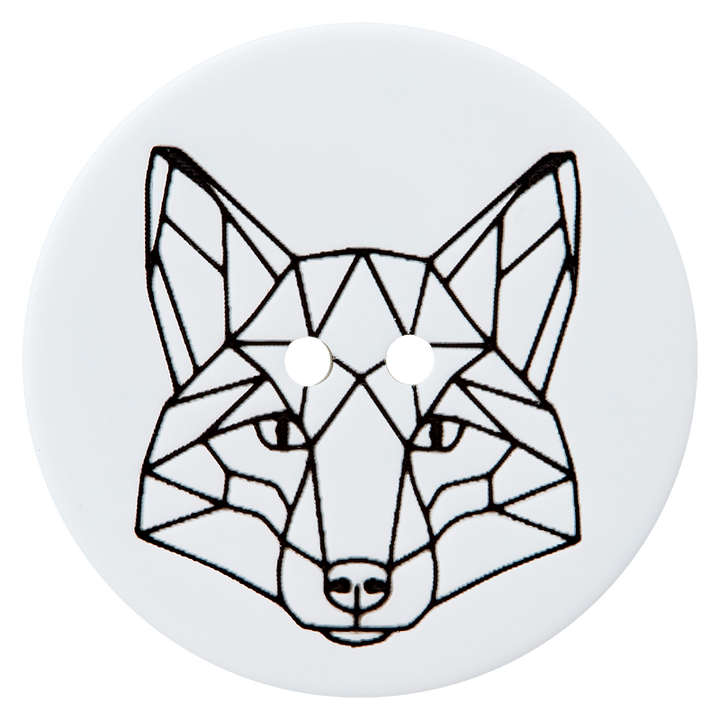 Polyester button 2-holes, geometric fox, 28mm, white/black
