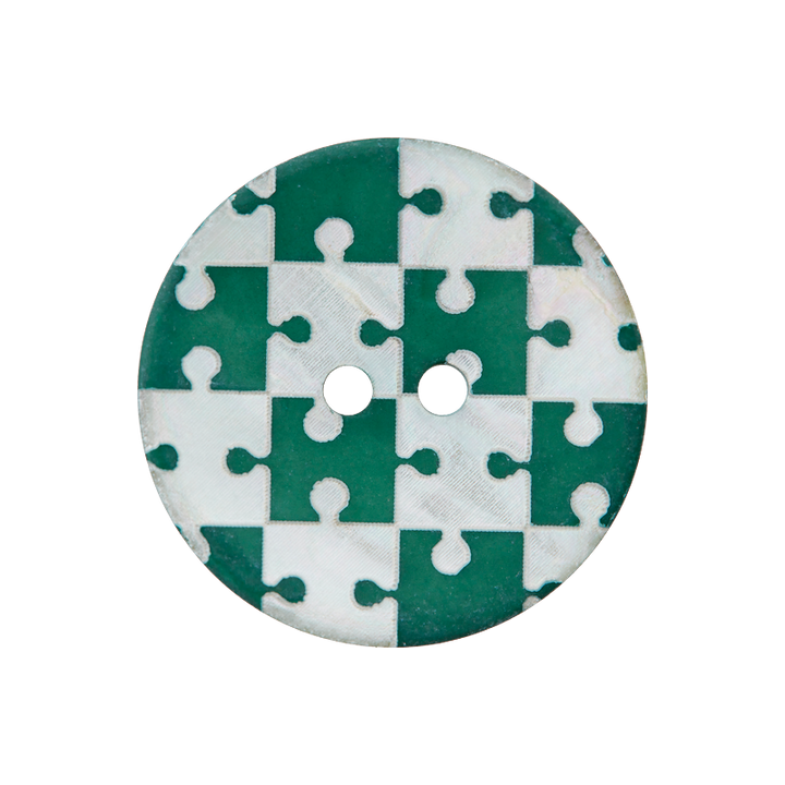 Bouton nacre 2-trous, Puzzle, 23mm, vert moyen