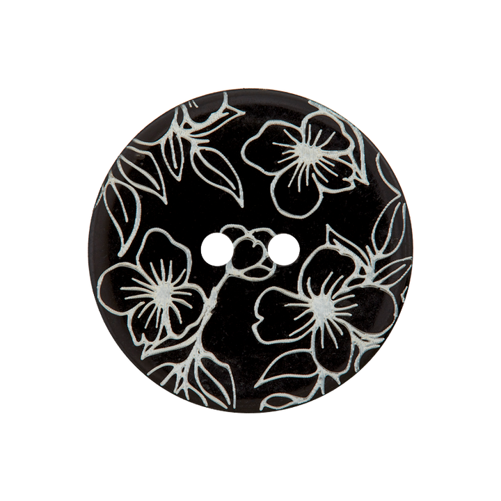 Пуговица перламутровая, с 2 отверстиями, с флористическим узором, 25мм, черный цвет