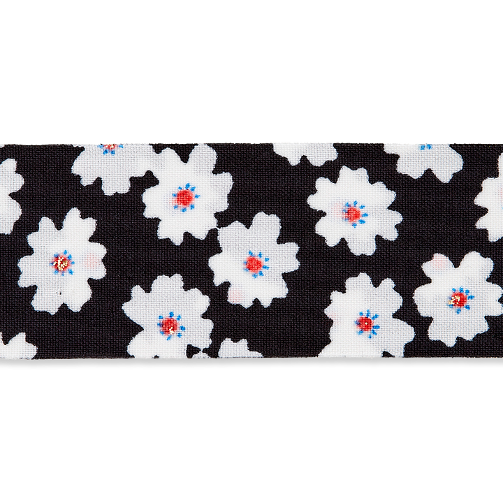 Double face ribbon, Flowers, 25mm, black/white