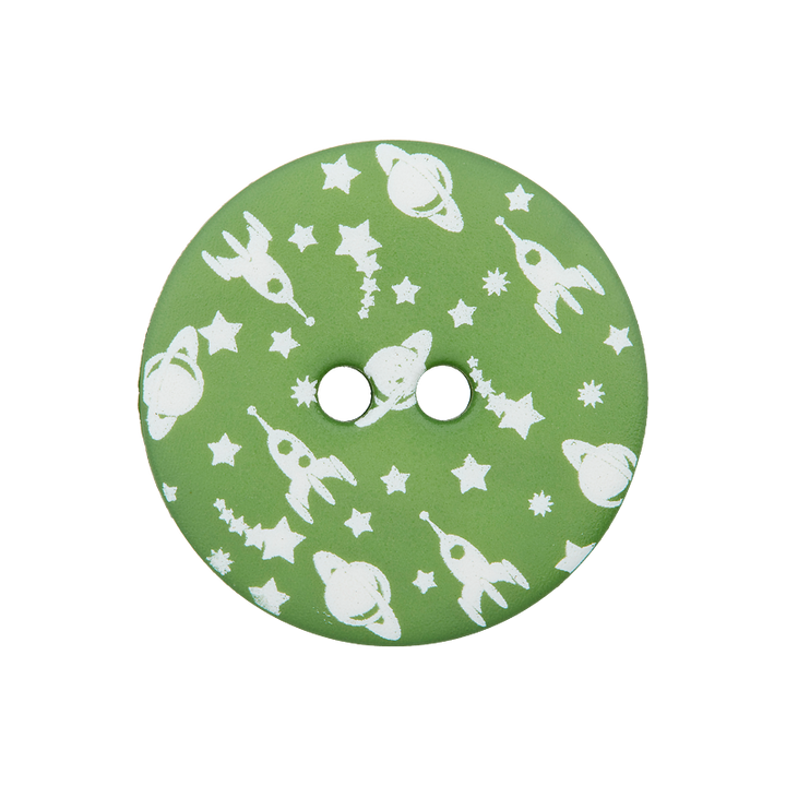Bouton polyester 2-trous, happy space, 20mm, vert moyen