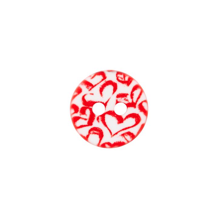 Polyester button 2-holes, Hearts, 12mm, red