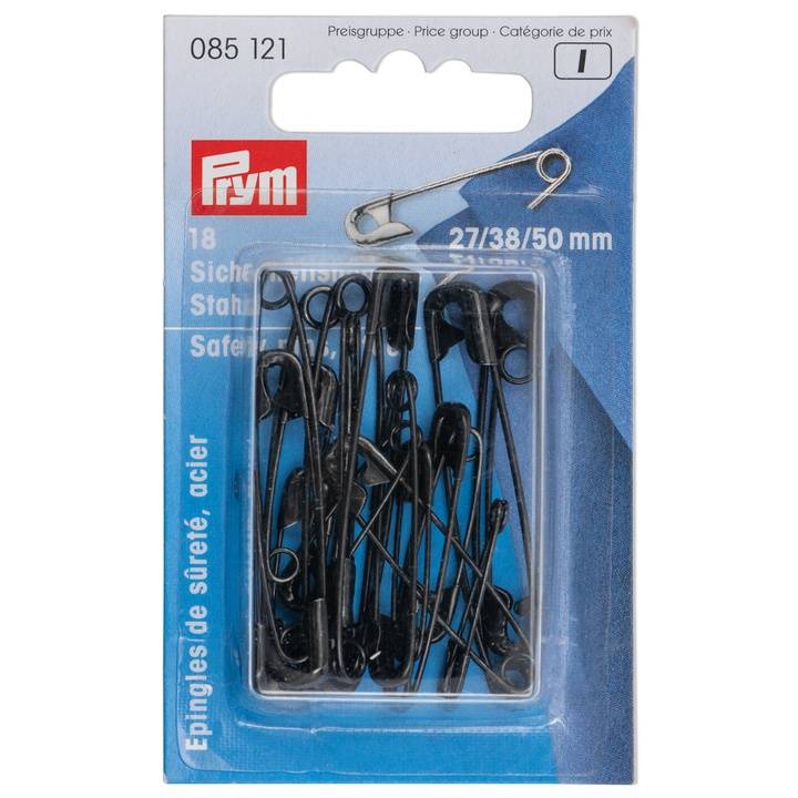 Safety pins, 27/38/50mm, assorted, black, 18 items
