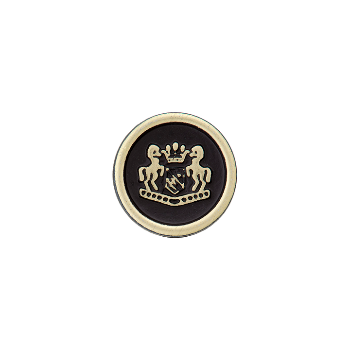 Polyester button shank, metallised, with emblem, 15mm black