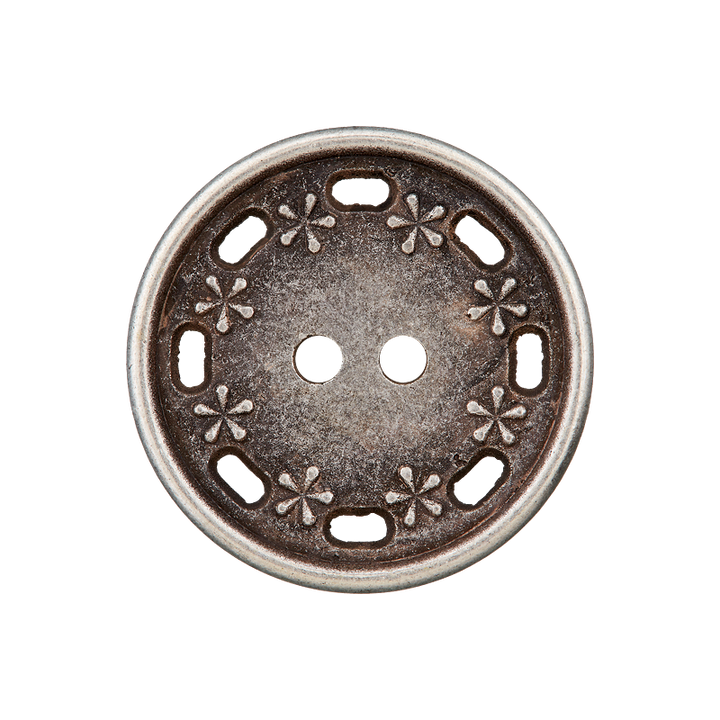Metallknopf 2-Loch, Blumen, 23mm, altsilber