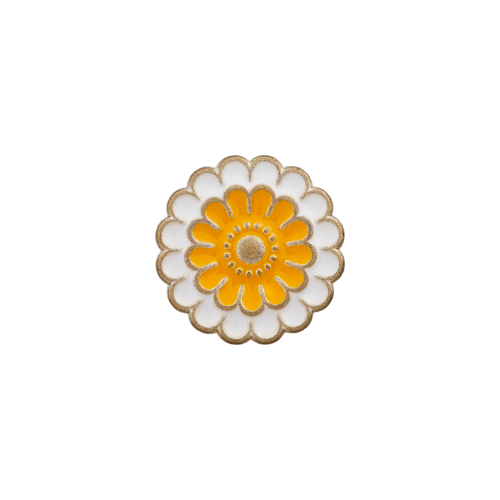 Metal/Polyester button shank, Flower, 15mm, white/yellow
