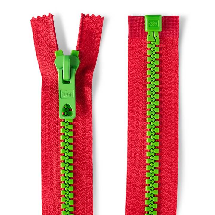 Zip fasteners S12, two-colour, open-end, 60cm, red/Kermit green
