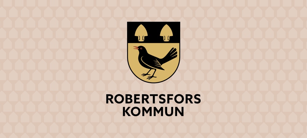 Robertsfors kommunlogga på ljusröd bakgrund.