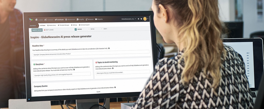 Woman looking at GlobeNewswire AI Press Release Generator on a computer