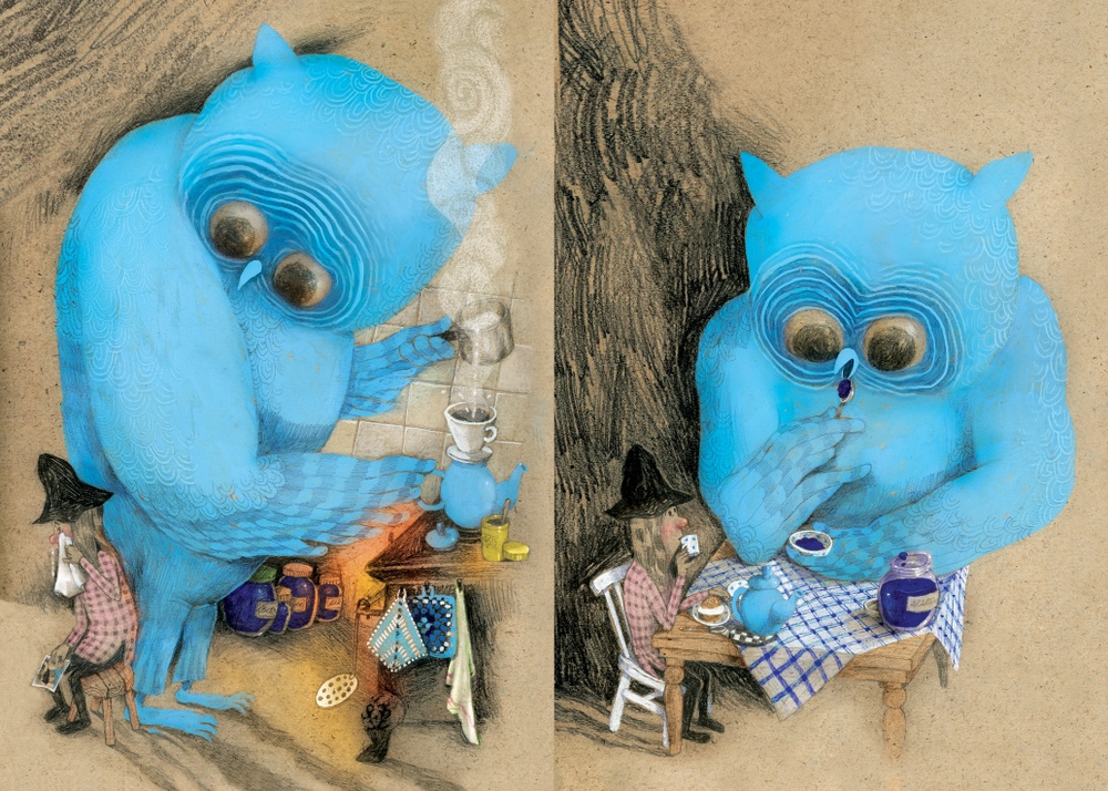 Bild av Lotta Geffenblad ur boken "Blå ugglan" (2023). Uppslag. Stor blå uggla umgås med människa inomhus.   