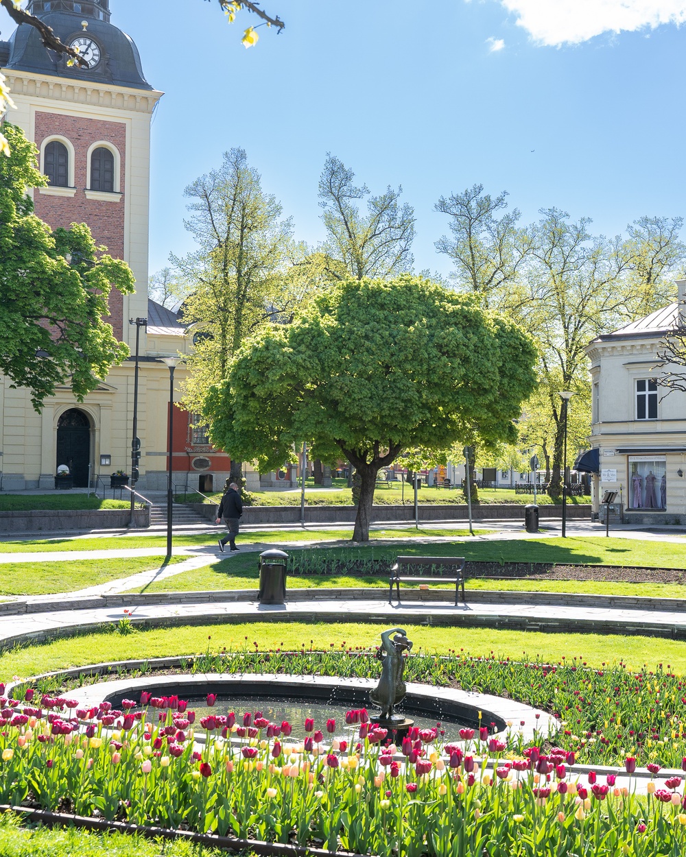 Träd, park och kyrka i Södertälje.