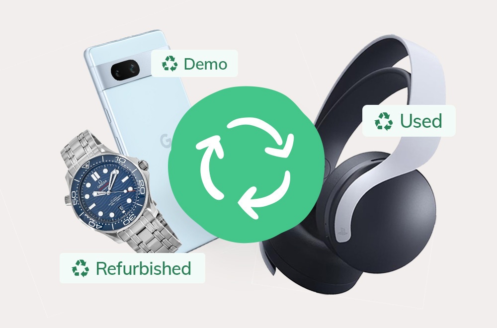 Image of a watch, a phone and a pair of headphones with second-hand status of each